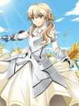  armor armored_dress blonde_hair blue_eyes dress excalibur_galatine fate/extra fate_(series) feather19 flower gauntlets gawain_(fate/extra) genderswap genderswap_(mtf) sunflower sword twintails weapon 