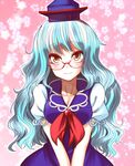  bespectacled blue_hair dress glasses hane_(hanegoya) hat kamishirasawa_keine long_hair looking_at_viewer orange_eyes solo touhou v_arms 