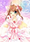  ;d ahoge aino_osaru blush brown_hair dress earrings elbow_gloves gloves green_eyes hair_ribbon heart highres jewelpet_(series) jewelpet_twinkle jewelry magic_circle one_eye_closed open_mouth ribbon ruby_(jewelpet) sakura_akari side_ponytail smile sparkle tears white_gloves 