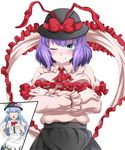  anger_vein blue_eyes blue_hair blush bow bowtie breasts capelet crossed_arms e.o. food frills fruit hand_on_hip hand_on_own_chest hat hat_ribbon highres hinanawi_tenshi leaf long_hair medium_breasts multiple_girls nagae_iku one_eye_closed open_mouth peach purple_hair ribbon shawl short_hair short_sleeves simple_background skirt smile touhou white_background 