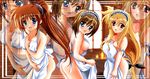  apron ass blackjunk blonde_hair blue_eyes brown_hair fate_testarossa hair_ribbon highres long_hair lyrical_nanoha mahou_shoujo_lyrical_nanoha_strikers multiple_girls naked_apron nude open_mouth red_eyes ribbon short_hair takamachi_nanoha very_long_hair yagami_hayate 