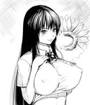 black_hair breasts erect_nipples flower kurofudo kyoko_ramon large_breasts monochrome shirt sketch smile taut_clothes taut_shirt 