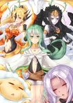 black_hair blonde_hair caam_serenity_of_gusto duel_monster fabled_grimro feathers green_eyes green_hair highres jewelry long_hair madolche_baaple milla_the_temporal_magician multiple_girls necklace ponytail queen_dragun_djinn red_eyes shintani_tsushiya white_hair wings yuu-gi-ou 