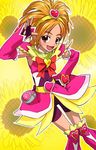  bike_shorts boots bow cure_bloom floral_background flower futari_wa_precure_splash_star hair_ornament hairband hand_on_hip haruyama_kazunori heart hyuuga_saki jewelry knee_boots looking_at_viewer orange_hair pink_footwear pouch precure smile solo sunflower yellow_background 