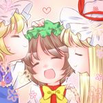  chen hand_on_another's_head hand_on_shoulder happy heart multiple_girls open_mouth rino_(kurumi) smile touhou yakumo_ran yakumo_yukari 