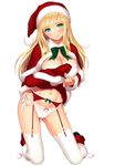  absurdres blonde_hair blush bow bow_panties breasts cameltoe capelet christmas cleavage fur_trim garter_belt green_eyes hat highres kneeling large_breasts long_hair looking_at_viewer navel original panties red_capelet santa_costume santa_hat scan side-tie_panties simple_background smile solo tanaka_takayuki thighhighs underwear white_background white_legwear white_panties 