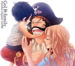  1girl 2boys black_hair blonde_hair carry carrying child facial_hair family father father_and_son female freckles gol_d_roger hat jolly_roger male mother multiple_boys mustache one_piece pirate pirate_hat portgas_d_ace portgas_d_rouge smile son time_paradox tricone 