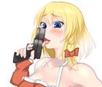  1girl blonde_hair blue_eyes fingerless_gloves gloves gun kurofudo licking solo weapon 