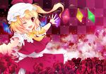  ;d artist_name bad_id bad_pixiv_id blonde_hair blush bow flandre_scarlet flower frills hat hat_ribbon highres one_eye_closed open_mouth petals red_eyes ribbon rose short_sleeves side_ponytail smile solo sparkle touhou wings yumemiya_subaru 