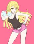  bad_id bad_pixiv_id blonde_hair breasts cleavage coke-bottle_glasses coorie glasses hand_on_hip highres long_hair medium_breasts miniskirt_pirates open_mouth pink_background short_shorts shorts solo takeuchi_aya tank_top yellow_eyes 