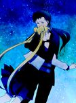  1girl bishoujo_senshi_sailor_moon black_hair blonde_hair blue blue_background gakuran hug long_hair ponytail school_uniform seiya_kou serafuku surprised tokiji tsukino_usagi twintails 