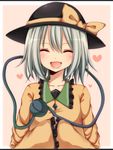  :d ^_^ blush bow closed_eyes fang hat hat_bow hat_ribbon heart highres komeiji_koishi letterboxed open_mouth ribbon short_hair silver_hair simple_background smile solo touhou white_background yamasuta 