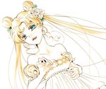  bad_id bad_pixiv_id bare_shoulders bishoujo_senshi_sailor_moon blonde_hair blue_eyes double_bun dress flower hair_flower hair_ornament himetsuka_shina long_hair marker_(medium) open_mouth princess_serenity rose smile solo strapless strapless_dress traditional_media tsukino_usagi twintails upper_body white_background white_flower white_rose 