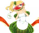  bare_shoulders blonde_hair dress food fruit heart original purple_eyes ririkuto scrunchie side_ponytail solo watermelon 