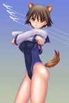  animal_ears brown_eyes brown_hair competition_swimsuit cowboy_shot dog_ears highres miyafuji_yoshika one-piece_swimsuit sailor_collar sawwei005 shirt short_hair silhouette solo_focus strike_witches swimsuit tail undressing world_witches_series 
