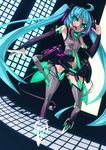  ahoge aqua_eyes aqua_hair bad_id bad_pixiv_id bridal_gauntlets center_opening character_name elbow_gloves g.haruka gloves hatsune_miku hatsune_miku_(append) holographic_interface long_hair looking_at_viewer navel necktie open_mouth solo twintails very_long_hair vocaloid vocaloid_append 