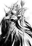  bracelet breasts duel_monster galaxy_queen greyscale jewelry large_breasts long_hair monochrome number_83_galaxy_queen ring solo staff yuu-gi-ou 