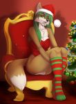  anthro breasts candy candy_cane canine christmas christmas_tree clothing ei-ka female food hat holidays legwear looking_at_viewer mammal open_mouth santa_hat sitting smile socks solo tongue tongue_out tree 