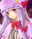  bad_id blush bow bowtie bust crescent female hair_bow hat highres long_hair patchouli_knowledge pochiron purple_eyes purple_hair smile solo touhou upper_body 