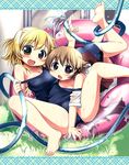  :d :o barefoot blonde_hair breasts brown_hair grass hair_ornament hairclip hidamari_sketch hose large_breasts looking_at_viewer miyako multiple_girls nagayama_yuunon one-piece_swimsuit open_mouth school_swimsuit smile spread_legs strap_slip swimsuit toes wading_pool water yuno 