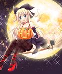  :d aino_osaru blonde_hair blue_eyes blush broom broom_riding candy candy_cane cat choker detached_sleeves dress fishnets food full_moon garter_straps hat high_heels highres holding holding_pumpkin jack-o'-lantern lollipop long_hair moon open_mouth original ribbon_choker shoes sidesaddle sky smile solo star star_(sky) starry_sky striped sweets swirl_lollipop thighhighs twintails witch witch_hat 