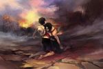  barefoot black_hair blood brother brothers death falling family hat jewelry kneeling male male_focus marineford monkey_d_luffy multiple_boys necklace one_piece outdoor outdoors portgas_d_ace red_vest ruins scenery ship shorts siblings smoke straw_hat topless wide-eyed wide_eyes 