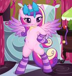  ball_gag bed blush bow cub cutie_mark equine feather female friendship_is_magic gag hi_res horn junglepony looking_at_viewer mammal my_little_pony princess_cadance_(mlp) princess_cadence_(mlp) socks solo winged_unicorn wings young 