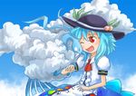  altaria bird blue_hair cloud dress food fruit gen_3_pokemon hat hinanawi_tenshi kana_tako one_eye_closed open_mouth peach pokemon pokemon_(creature) red_eyes smile touhou 