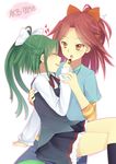  akb0048 blush bow brown_eyes chocolate closed_eyes feeding green_hair hair_bow hand_on_back highres hinagi_(fox_priest) long_hair multiple_girls open_mouth ponytail red_hair shinonome_kanata short_hair sitting sitting_on_person skirt smile takahashi_minami_(akb0048) vest yuri 