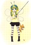  antennae bloomers blue_eyes frills gloves green_hair hair_ornament insect_girl insect_wings juju_(mayamaya) monster_girl open_mouth original pantyhose pointy_ears rapier ringlets short_shorts shorts simple_background solo striped striped_legwear stuffed_animal stuffed_toy sword teddy_bear underwear weapon wings 
