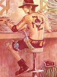  1boy alabasta back backpack bag bar belt black_shorts boots eating food fork freckles full_body hat indoors jewelry jolly_roger knife male male_focus male_only muscle necklace one_piece pirate plate portgas_d_ace sad_face sheath sheathed shorts sitting solo stampede_string tattoo thigh_strap topless 