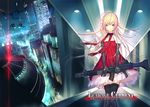  aikura_chihiro blonde_hair building character_request city cityscape copyright_request dress elbow_gloves gloves glowing gun mecha night night_sky sky thighhighs weapon 