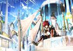  armor armored_boots black_gloves boots city cityscape day elsword elsword_(character) gloves highres lord_knight_(elsword) red_eyes red_hair scorpion5050 short_hair shoulder_armor sky spiked_hair statue water 