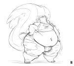  &lt;3 anthro barefoot belly belly_overhang big_belly bulge claws clothed clothing fur gillpanda hands_on_hips love_handles male mammal mephitid midriff monochrome moobs navel obese obese_male overweight overweight_male skunk solo standing thick_thighs toe_claws torn_clothing weight_gain wide_hips 