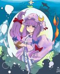  absurdres b.d blush book bow capelet cloud crescent fish hair_bow hat highres long_hair long_sleeves mountain open_mouth patchouli_knowledge purple_eyes purple_hair shark sky solo touhou underwater very_long_hair wide_sleeves 