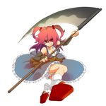  bad_id bad_pixiv_id bare_shoulders breasts cleavage clog_sandals dress elbow_gloves frills gloves grin hair_bobbles hair_ornament highres long_hair medium_breasts myou_mu onozuka_komachi purple_eyes red_hair sash scythe shaded_face smile solo tabi touhou two_side_up 
