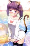  animal_ears black_legwear blush cat_ears cat_tail collarbone frown gilse glasses innertube lens_flare long_hair lowres purple_eyes purple_hair shirt shirt_tug solo sword_girls tail thighhighs twintails wading water wavy_mouth wet wet_clothes wet_shirt 