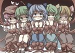  bdsm blonde_hair blue_eyes blue_hair bondage bound bound_together cirno commentary_request daiyousei gaoo_(frpjx283) green_eyes green_hair multiple_girls mystia_lorelei red_eyes red_hair ribbon rumia scared team_9 tears touhou wriggle_nightbug 