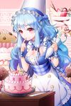  aile_(crossroads) apron arm_garter arm_up blue_hair bow breasts cake cupcake detached_collar dress eating food frills fruit hat linus_falco long_hair lowres medium_breasts parfait plaid pocky pointing red_eyes ribbon solo strawberry sword_girls very_long_hair wavy_hair 