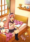  :d aino_osaru bed calendar_(object) cat curtains hairband long_hair mouse open_mouth original pillow pink_eyes pink_hair school_uniform serafuku sitting skirt smile solo stuffed_animal stuffed_bunny stuffed_toy window 