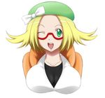  1girl bel_(pokemon) beret blonde_hair breasts glasses green_eyes hat large_breasts pokemon wink 