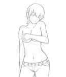  belt breast_hold breasts covering denim earrings fate/stay_night fate_(series) fujimura_taiga greyscale hisao-kun jeans jewelry large_breasts monochrome pants short_hair smile solo topless 