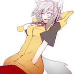  alternate_costume animal_ears closed_eyes contemporary hands_in_pockets hood hoodie inubashiri_momiji mazuka_kei open_mouth short_hair short_sleeves silver_hair simple_background sketch smile solo tail touhou upper_body white_background wolf_ears wolf_tail 