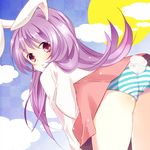  animal_ears blush bunny_ears bunny_tail cloud long_hair long_sleeves looking_at_viewer mike_(mikenekotei) moon open_mouth panties pink_hair red_eyes reisen_udongein_inaba solo striped striped_panties tail touhou underwear 