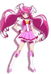  bike_shorts boots bow bowtie brooch choker cure_happy full_body hand_on_hip head_wings highres hoshizora_miyuki jewelry kanhara_tsumugi knee_boots long_hair magical_girl pink_bow pink_choker pink_eyes pink_hair pink_neckwear pink_shorts pink_skirt precure shadow shorts shorts_under_skirt skirt smile smile_precure! solo tiara transparent_background twintails wrist_cuffs 