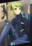  :o blush bodysuit breasts green_eyes green_hair gun hair_ribbon handgun holding medium_breasts ok-ray original ribbon side_ponytail sitting weapon 