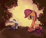  angel_(mlp) blue_eyes cutie_mark equine female feral fluttershy_(mlp) friendship_is_magic grass hair hi_res holivi horse lagomorph lying mammal my_little_pony on_side pink_hair pony rabbit simple_background smile sunset tree wood young 