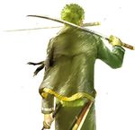  1boy back dual_wielding green_hair haramaki jacket male male_focus mouth_hold one_piece roronoa_zoro simple_background solo sword triple_wielding weapon wind 