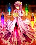  bad_id bad_pixiv_id blush book bookshelf bow crescent crystal dress hair_bow hat library long_hair magic_circle patchouli_knowledge philosopher's_stone pirororon purple_eyes purple_hair smile solo touhou voile 