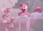  absurd_res clothed clothing cloud clouds equine eyes_closed female feral friendship_is_magic group hair hi_res holivi horn horse mammal monochrome my_little_pony pegasus pink_eyes pink_hair pink_horn pink_theme pony princess_celestia_(mlp) simple_background toga winged_unicorn wings 